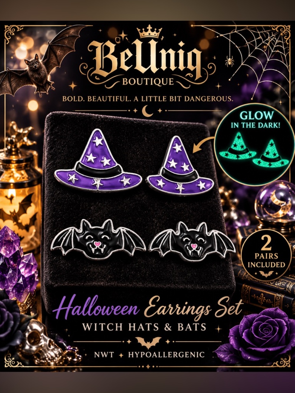 🦇 NWT 2-Pair Halloween Earrings Set | Glow-in-the-Dark Witch Hats & Bats